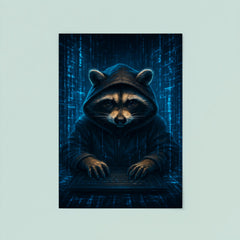 Raccoon hacker surrounded by holographic code streams poster 8