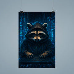Raccoon hacker surrounded by holographic code streams poster 9