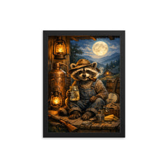 Raccoon moonshiner on Appalachian porch framed print on a plain backdrop in size 12"x16".