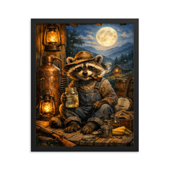 Raccoon moonshiner on Appalachian porch framed print on a plain backdrop in size 16"x20".