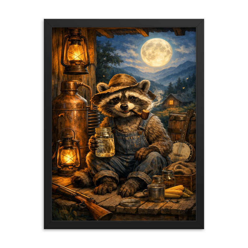 Raccoon moonshiner on Appalachian porch framed print on a plain backdrop in size 18