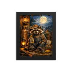 Raccoon moonshiner on Appalachian porch framed print on a plain backdrop in size 8"x10".
