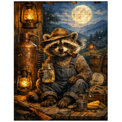 Raccoon moonshiner on Appalachian porch jigsaw puzzle