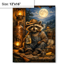 Raccoon moonshiner on Appalachian porch metal print on a plain backdrop in size 12"x16".
