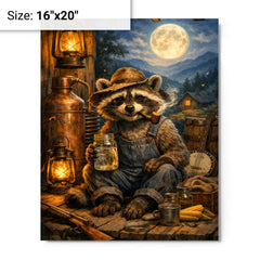 Raccoon moonshiner on Appalachian porch metal print on a plain backdrop in size 16"x20".