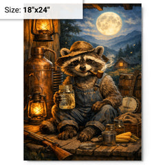 Raccoon moonshiner on Appalachian porch metal print on a plain backdrop in size 18"x24".