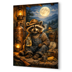 Raccoon moonshiner on Appalachian porch metal print mockup