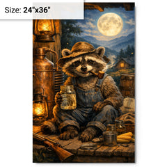 Raccoon moonshiner on Appalachian porch metal print on a plain backdrop in size 24"x36".