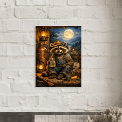 Raccoon moonshiner on Appalachian porch metal print mockup
