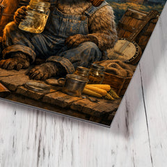 Raccoon moonshiner on Appalachian porch metal print mockup