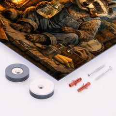 Raccoon moonshiner on Appalachian porch metal print mockup
