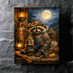 Raccoon moonshiner on Appalachian porch metal print mockup