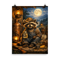 Raccoon moonshiner on Appalachian porch poster on a plain backdrop in size 8"x10".