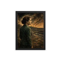 Rachel Carson facing a poisoned silent shoreline framed print on a plain backdrop in size 12"x16".
