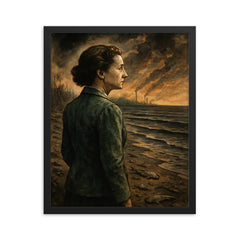 Rachel Carson facing a poisoned silent shoreline framed print on a plain backdrop in size 16"x20".