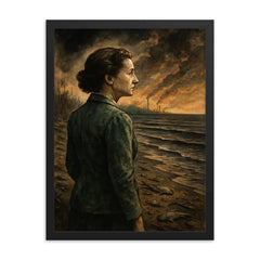 Rachel Carson facing a poisoned silent shoreline framed print on a plain backdrop in size 18"x24".