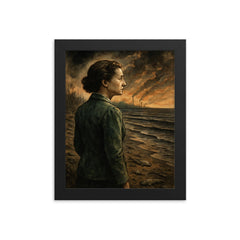 Rachel Carson facing a poisoned silent shoreline framed print on a plain backdrop in size 8"x10".