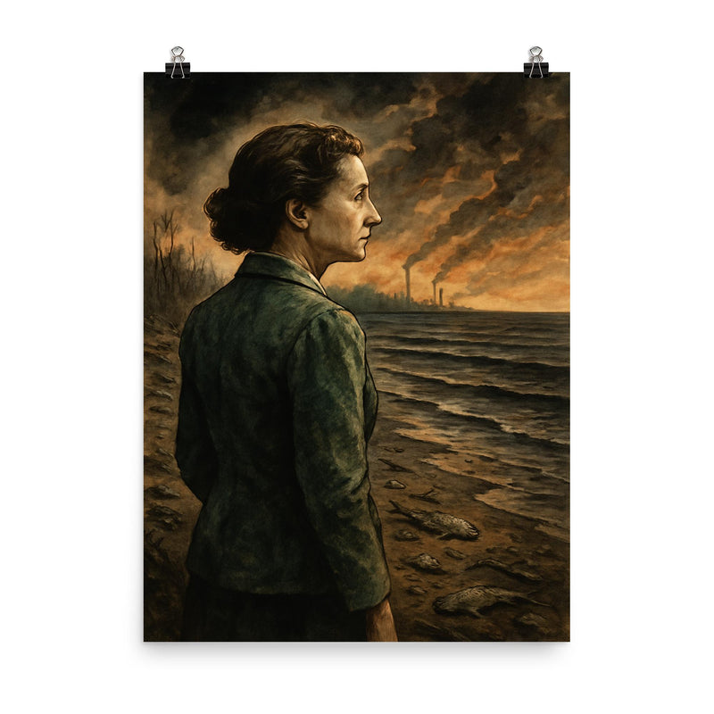 Rachel Carson facing a poisoned silent shoreline poster on a plain backdrop in size 8