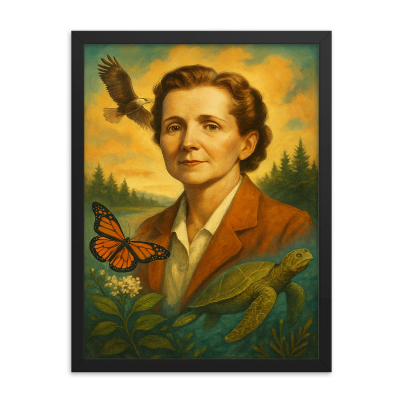 Rachel Carson framed print on a plain backdrop in size 18