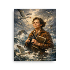 Rachel Carson with storm tossed seabirds canvas print on a plain backdrop in size 16"x20".