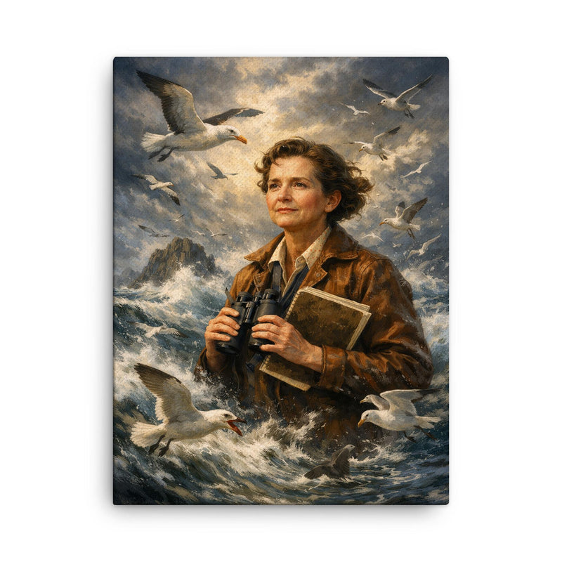 Rachel Carson with storm tossed seabirds canvas print on a plain backdrop in size 18