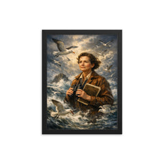 Rachel Carson with storm tossed seabirds framed print on a plain backdrop in size 12"x16".