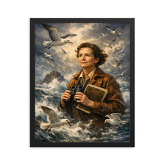 Rachel Carson with storm tossed seabirds framed print on a plain backdrop in size 16"x20".