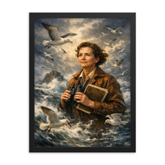 Rachel Carson with storm tossed seabirds framed print on a plain backdrop in size 18"x24".