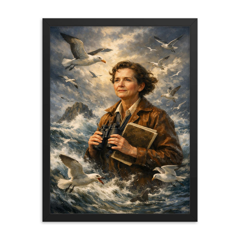 Rachel Carson with storm tossed seabirds framed print on a plain backdrop in size 18