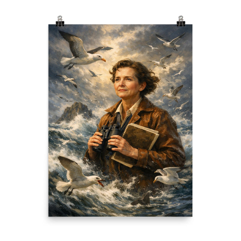 Rachel Carson with storm tossed seabirds poster on a plain backdrop in size 8