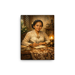 Raden Ajeng Kartini at desk with Javanese batik canvas print on a plain backdrop in size 12"x16".