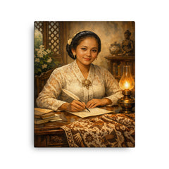 Raden Ajeng Kartini at desk with Javanese batik canvas print on a plain backdrop in size 16"x20".