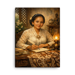 Raden Ajeng Kartini at desk with Javanese batik canvas print on a plain backdrop in size 18"x24".