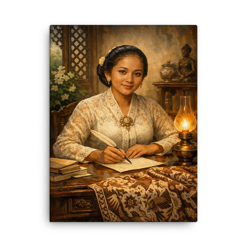 Raden Ajeng Kartini at desk with Javanese batik canvas print on a plain backdrop in size 18