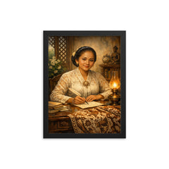 Raden Ajeng Kartini at desk with Javanese batik framed print on a plain backdrop in size 12"x16".