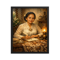 Raden Ajeng Kartini at desk with Javanese batik framed print on a plain backdrop in size 16"x20".