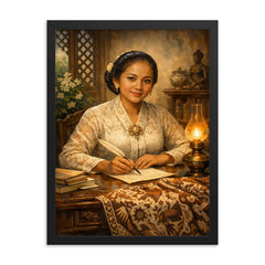 Raden Ajeng Kartini at desk with Javanese batik framed print on a plain backdrop in size 18"x24".