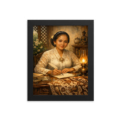 Raden Ajeng Kartini at desk with Javanese batik framed print on a plain backdrop in size 8"x10".