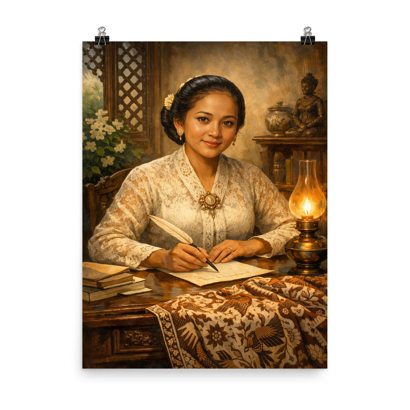 Raden Ajeng Kartini at desk with Javanese batik poster on a plain backdrop in size 8
