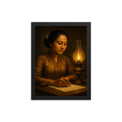 Raden Ajeng Kartini writing by lamplight framed print on a plain backdrop in size 12"x16".