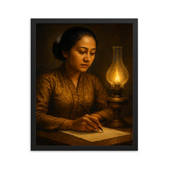 Raden Ajeng Kartini writing by lamplight framed print on a plain backdrop in size 16"x20".