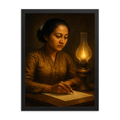 Raden Ajeng Kartini writing by lamplight framed print on a plain backdrop in size 18"x24".