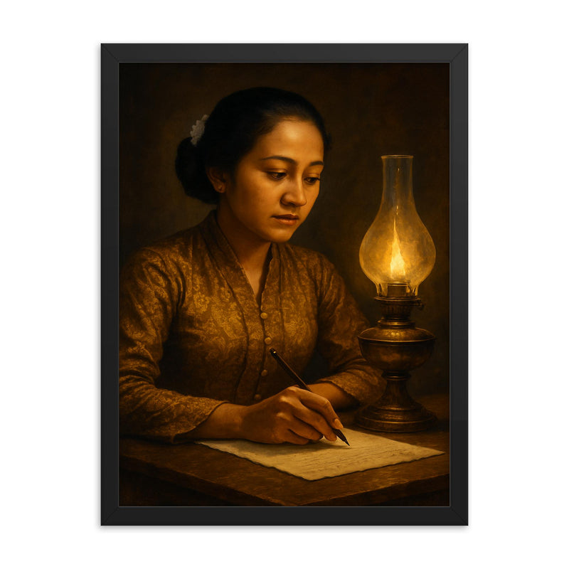 Raden Ajeng Kartini writing by lamplight framed print on a plain backdrop in size 18