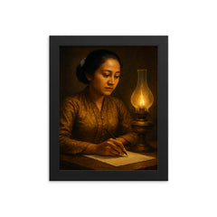 Raden Ajeng Kartini writing by lamplight framed print on a plain backdrop in size 8"x10".