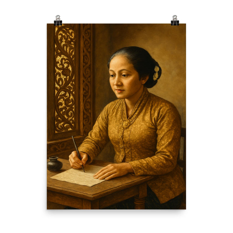 Raden Ajeng Kartini writing letters beside Javanese carved window poster on a plain backdrop in size 8