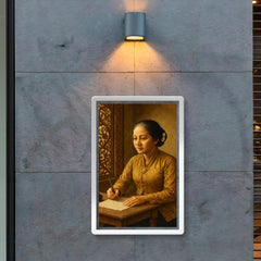 Raden Ajeng Kartini writing letters beside Javanese carved window poster 2