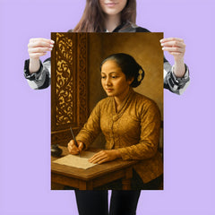 Raden Ajeng Kartini writing letters beside Javanese carved window poster 3