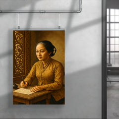 Raden Ajeng Kartini writing letters beside Javanese carved window poster 4