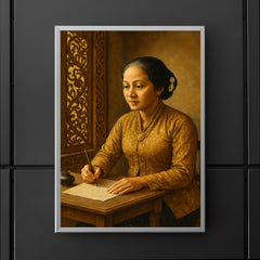 Raden Ajeng Kartini writing letters beside Javanese carved window poster 5