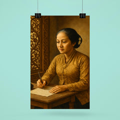 Raden Ajeng Kartini writing letters beside Javanese carved window poster 6